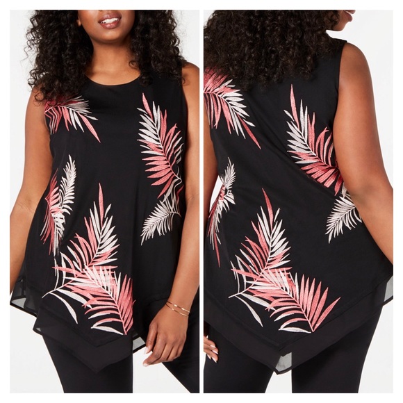 Alfani Tops - 1X 3X Alfani Black & Pink Palm Mesh Overlay Tank